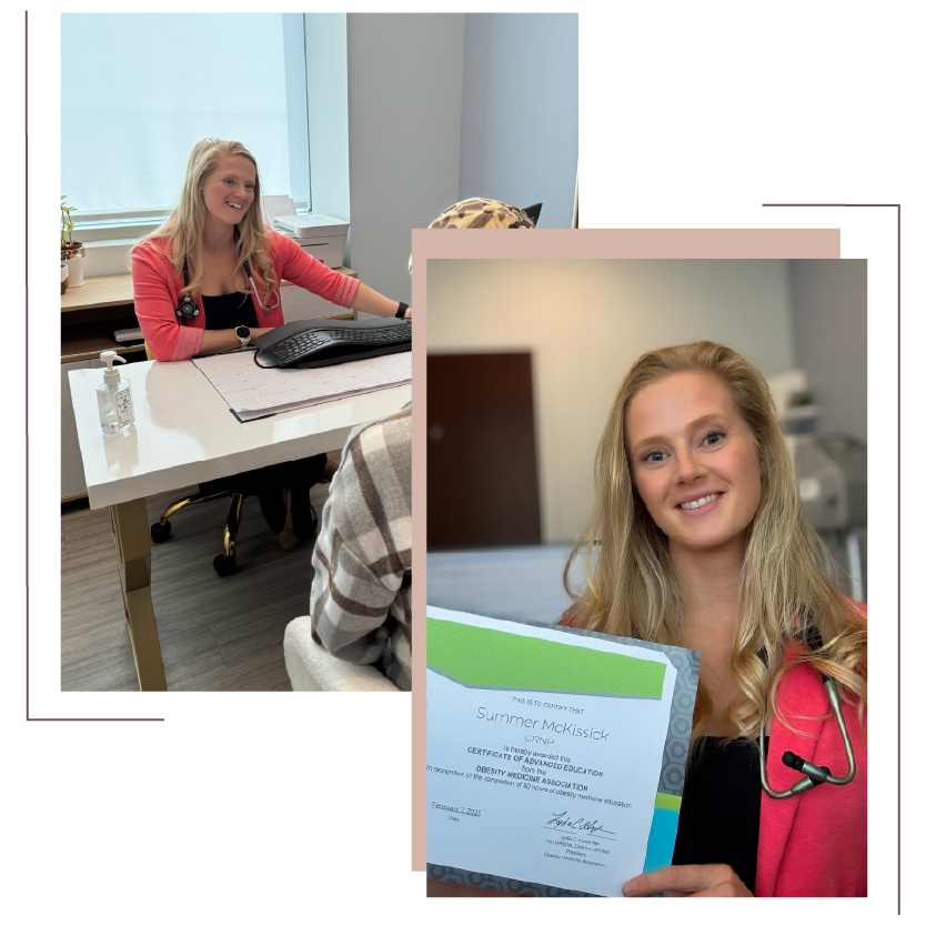 Collage of Provider Summer McKissick at her desk and with her degree